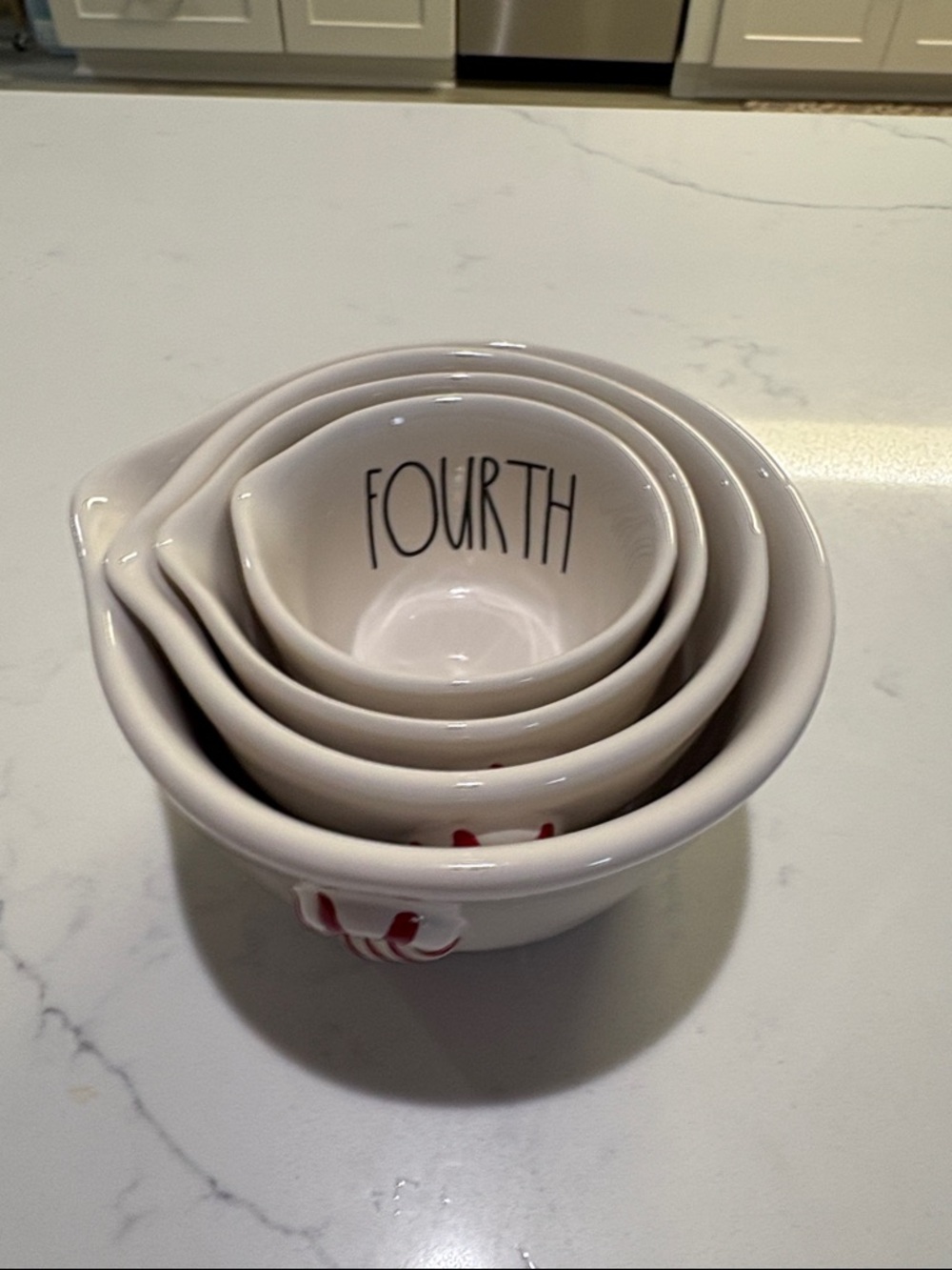 Rae Dunn White Ceramic Nesting Measuring Bowls with Red Candy Cane Accent - Picture 7 of 7